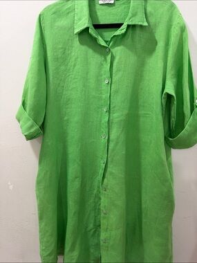 Puro Lino Linen Button Down Shirt Dress Apple Green One Size - Coastal